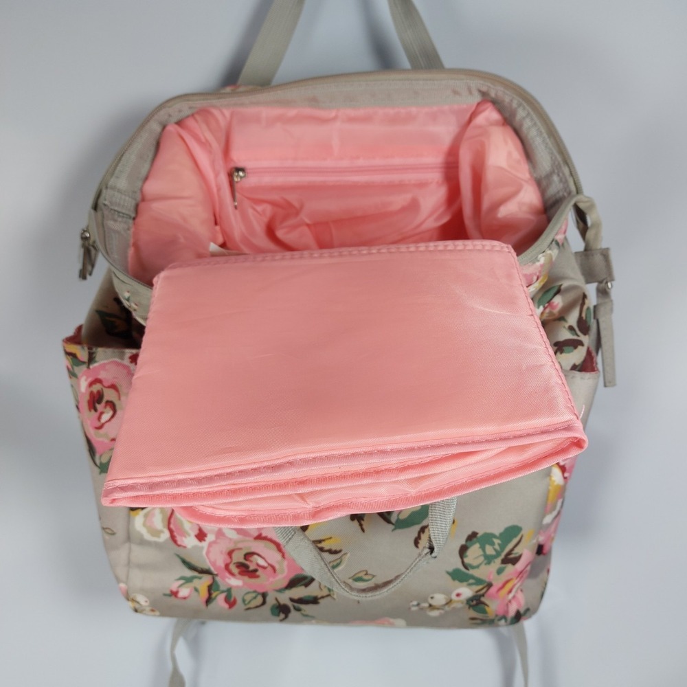 Baby Essentials Floral Backpack Diaper Bag Gray Pink Pockets Straps Changing Pad - Picture 5 of 9